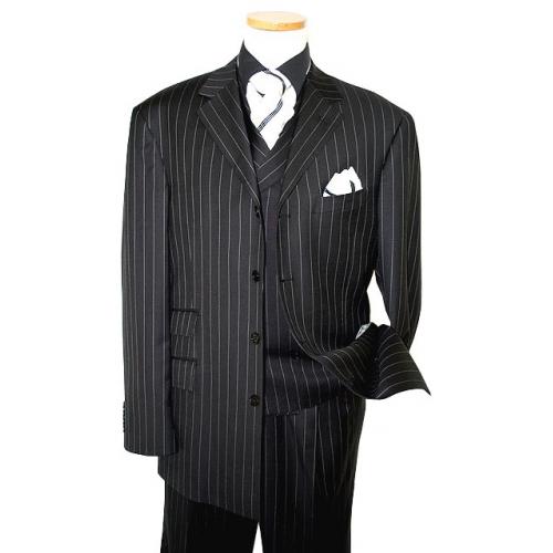 Steve Harvey Collection Black/White Pinstripes Super 120's Merino Wool Vested Suit 6905